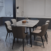 Modern grey rectangular dining table with bright rock tabletop and carbon steel legs